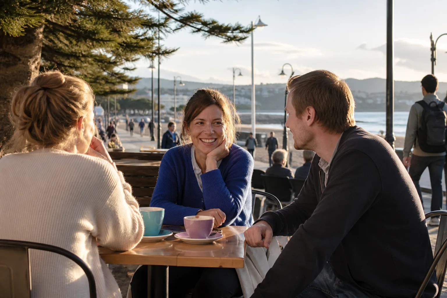 Two people enjoying a relaxed conversation beside Torquay harbour