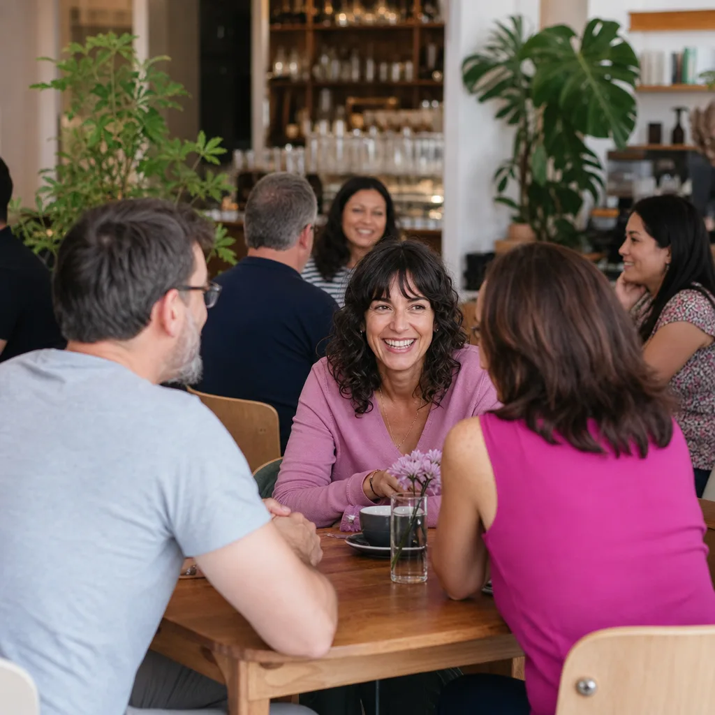People chatting around small tables at an organised singles evening
