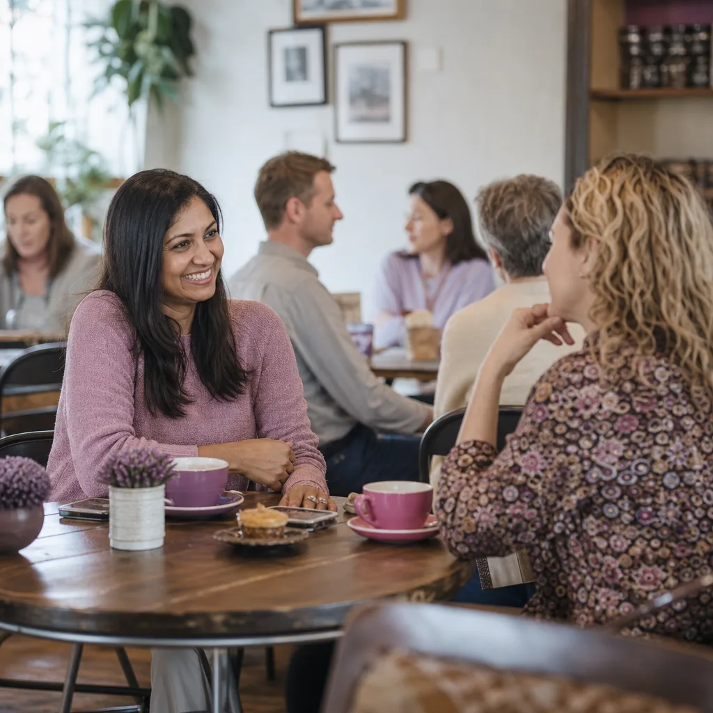 Two adults meeting at a busy café in Brixham harbour