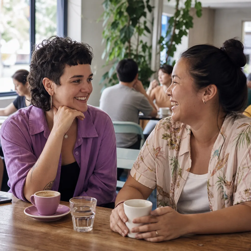 Two women having coffee at a relaxed café in Torbay